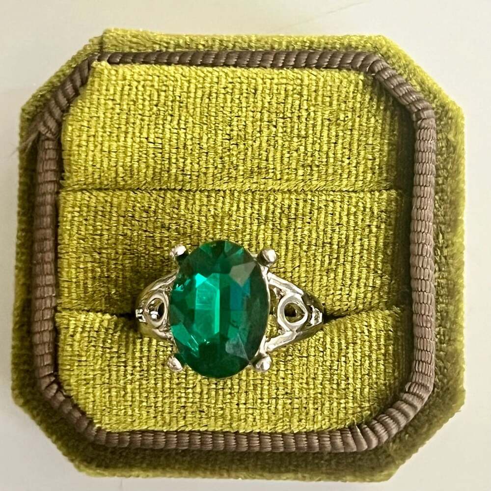 Simulated Emerald Oval Solitaire Titanium Steel Band Ring Size 7